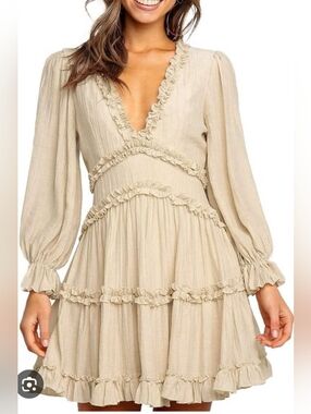 In The Beginning V-Neck Ruffle Tiered Mini Dress in Beige BEAUTIFUL! NWOT Medium